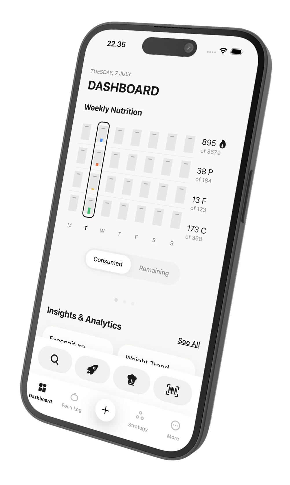 Caltra on iPhone: a weekly overview of calories, protein, fat, and carbs, with food logging and progress insights.