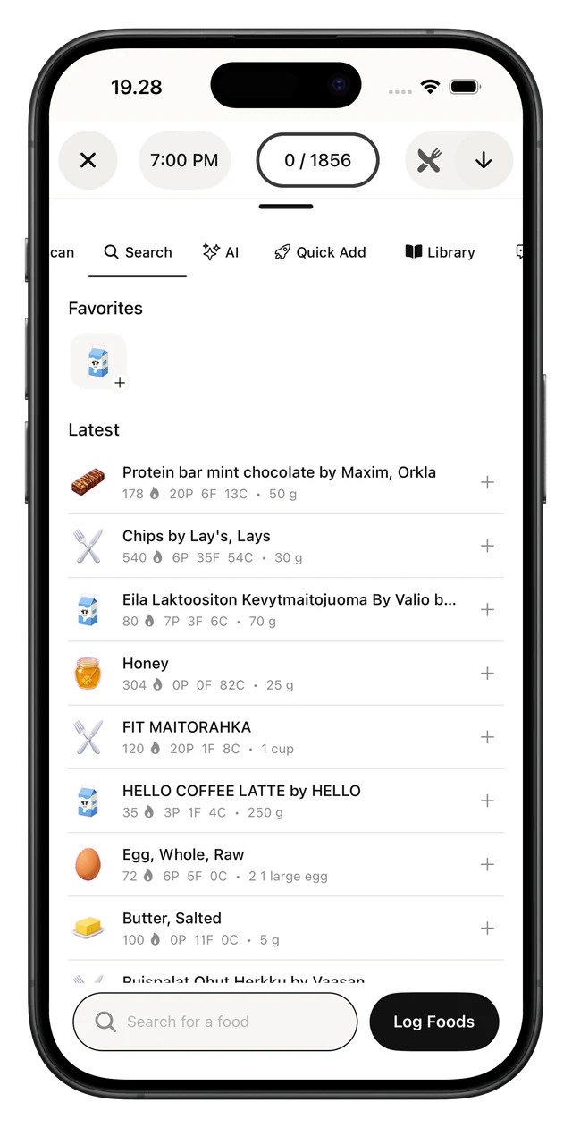 Caltra food logger with search, AI, quick add, and a food library